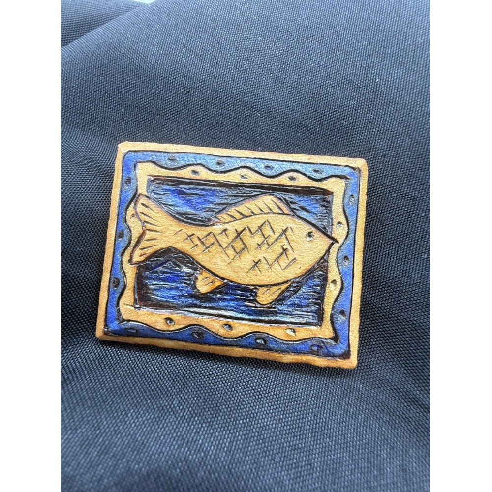 B. Nistler Hand Carved Wood Fish Brooch Artist Signed Blue Gold Folk Art Pin
